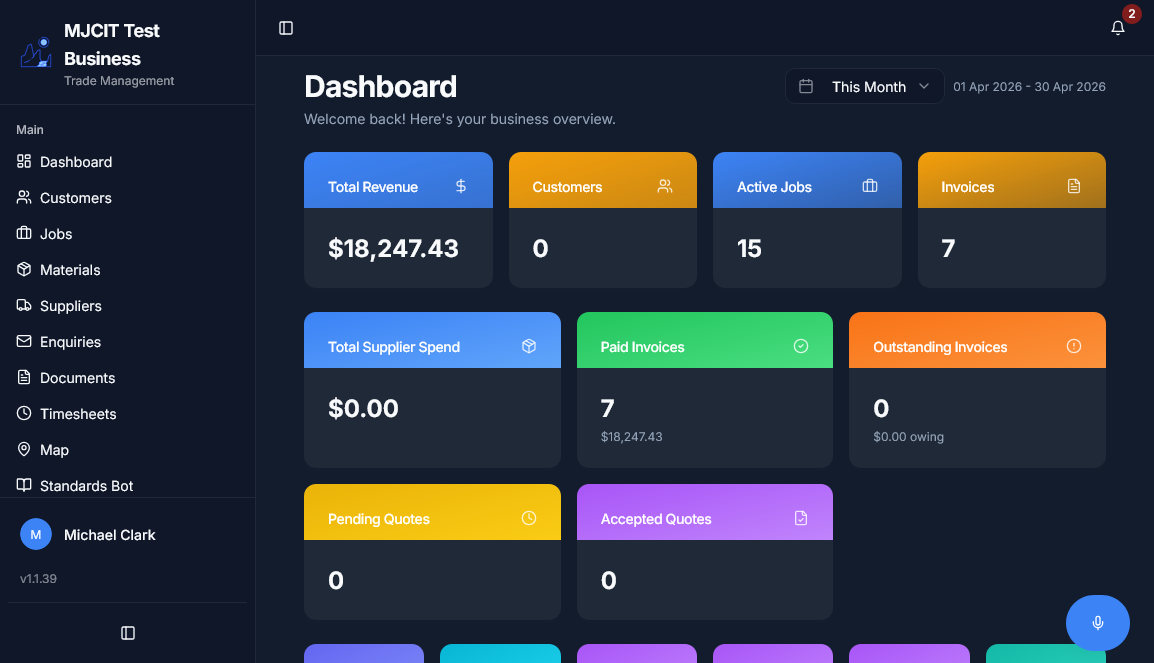 MJC Job Manager dashboard on tablet